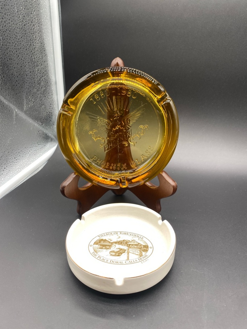 Amber Glass Ashtray with Village of Tobaccoville ashtray